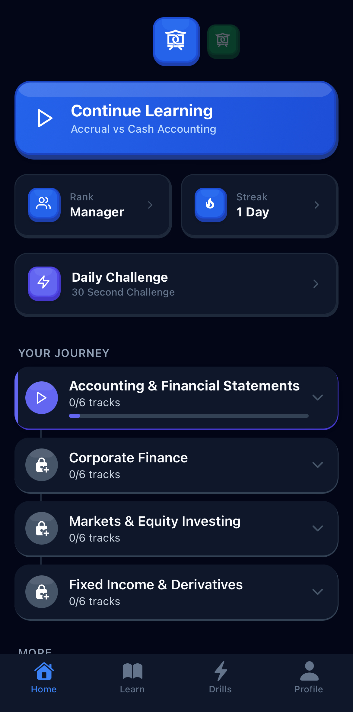 Desk Dojo Finance home screen