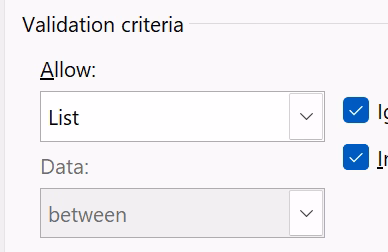 Data Validation dialog with List selected