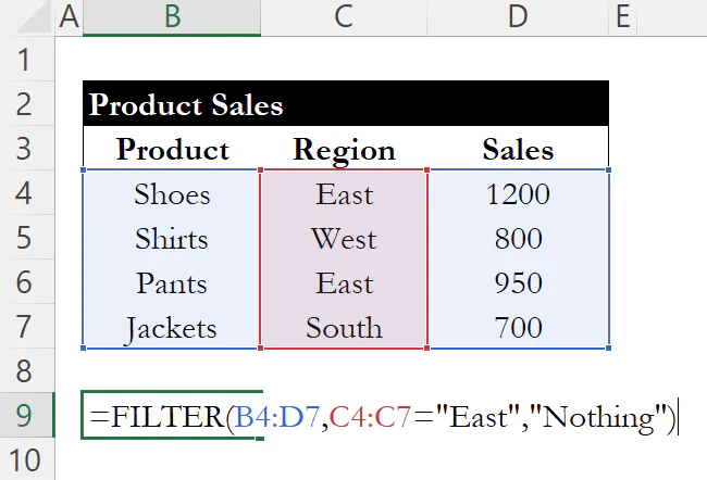 FILTER formula for East region