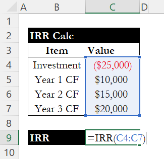 IRR formula in Excel