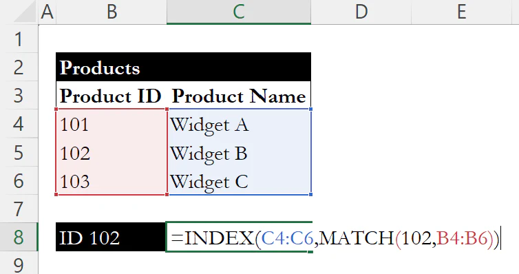 INDEX MATCH formula for Product ID 102