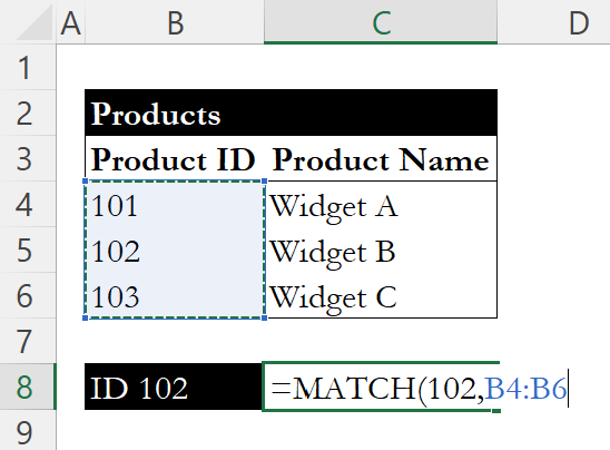MATCH formula for Product ID 102