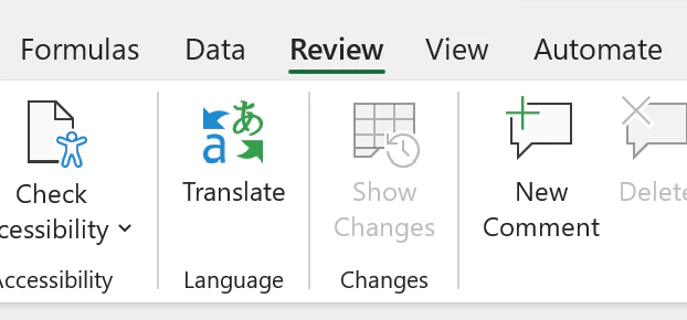 Review tab on the Excel ribbon
