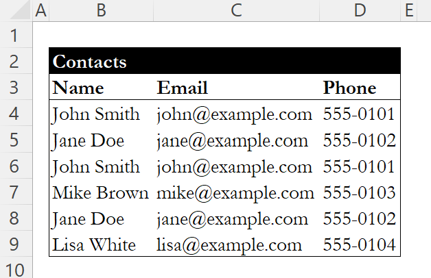 Sample dataset with duplicate entries