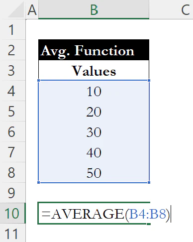 AVERAGE formula entered in Excel
