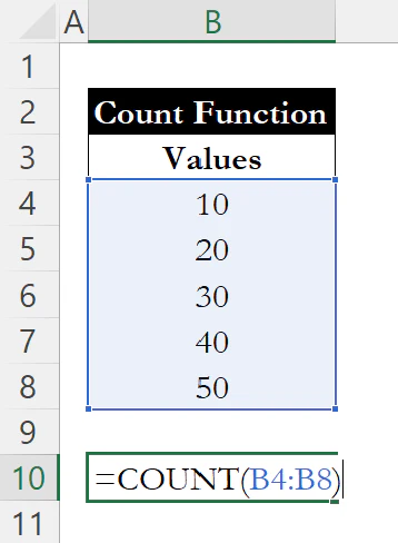COUNT formula entered in Excel