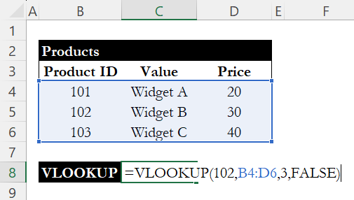 VLOOKUP formula searching for Product ID 102